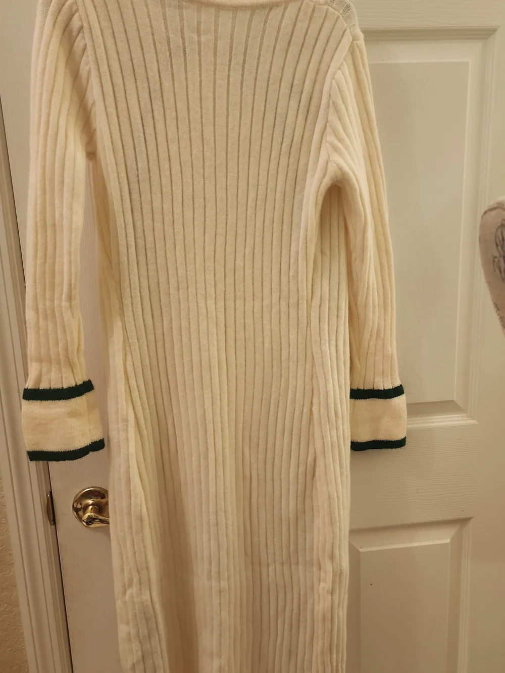 SHEIN Cream Ribbed Long Cardigan with Dark Green Trim